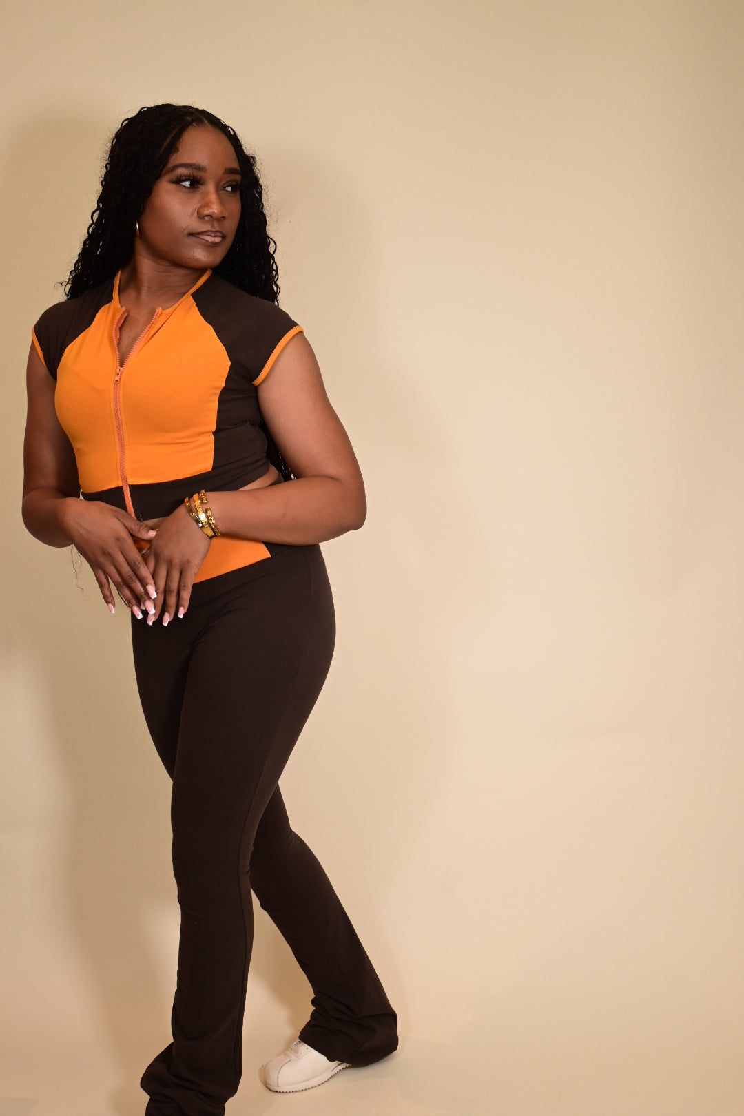 Color Blocking Two Piece Flare Leg Pants Set