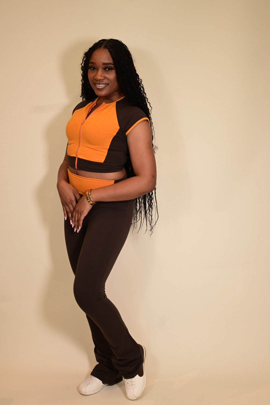 Color Blocking Two Piece Flare Leg Pants Set