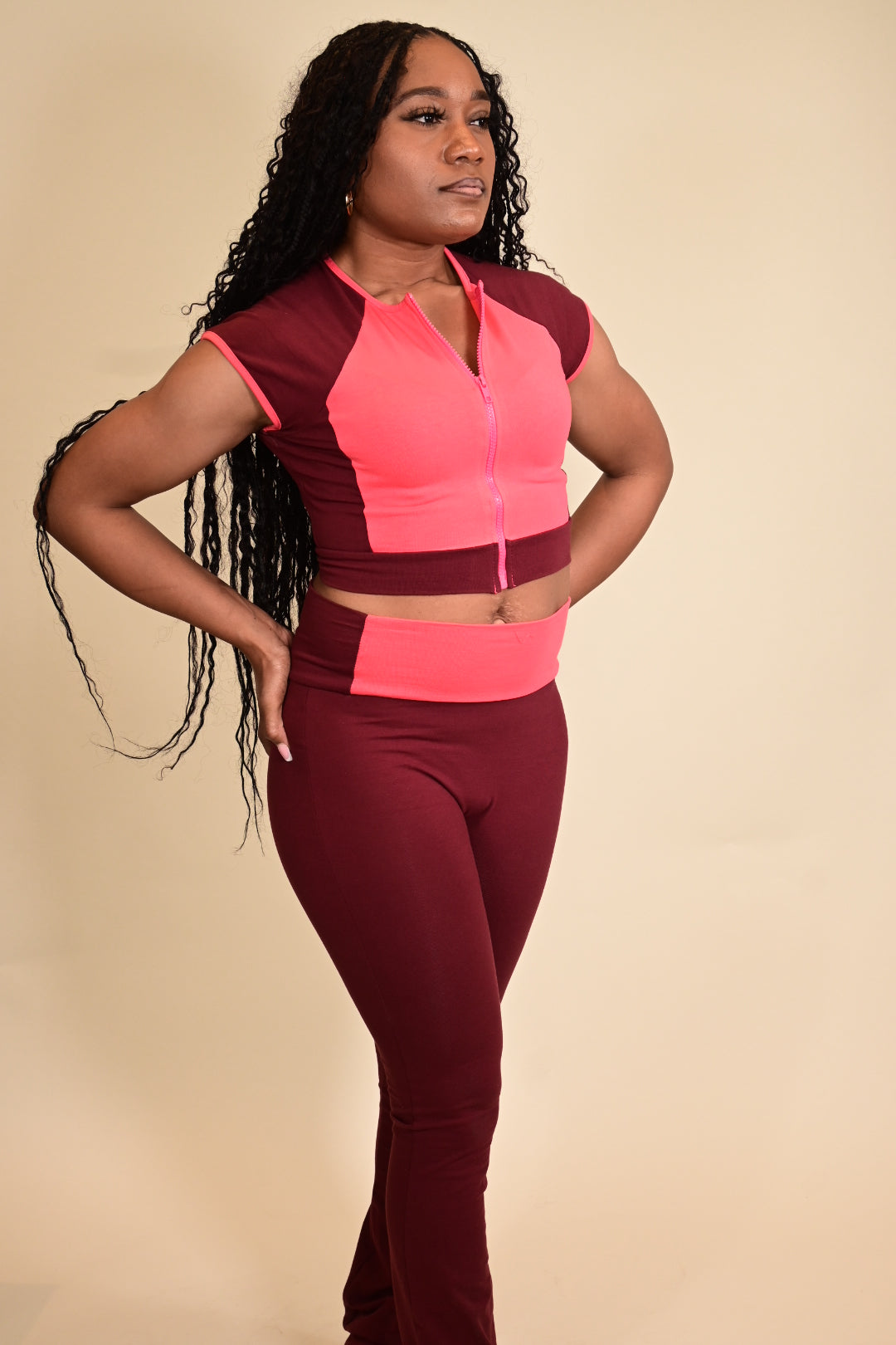 Color Blocking Two Piece Flare Leg Pants Set