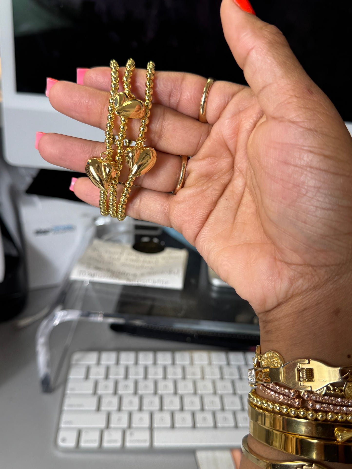 Solid Gold Heart Beaded Bracelet