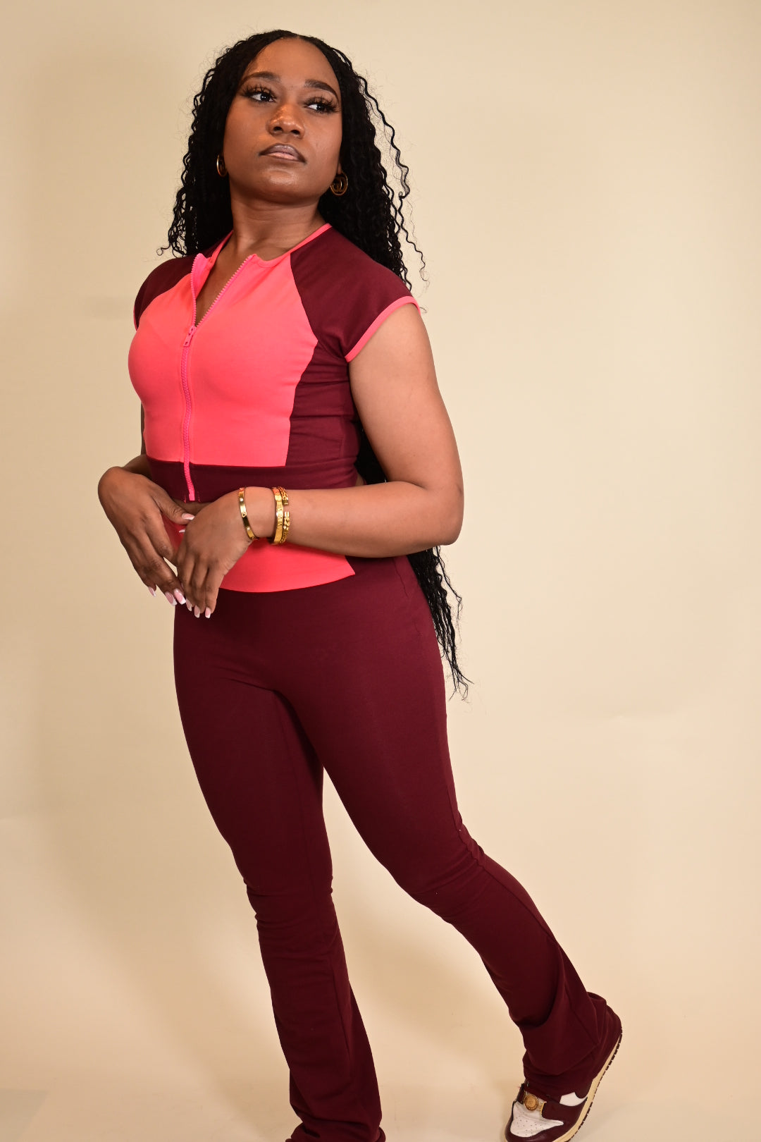 Color Blocking Two Piece Flare Leg Pants Set