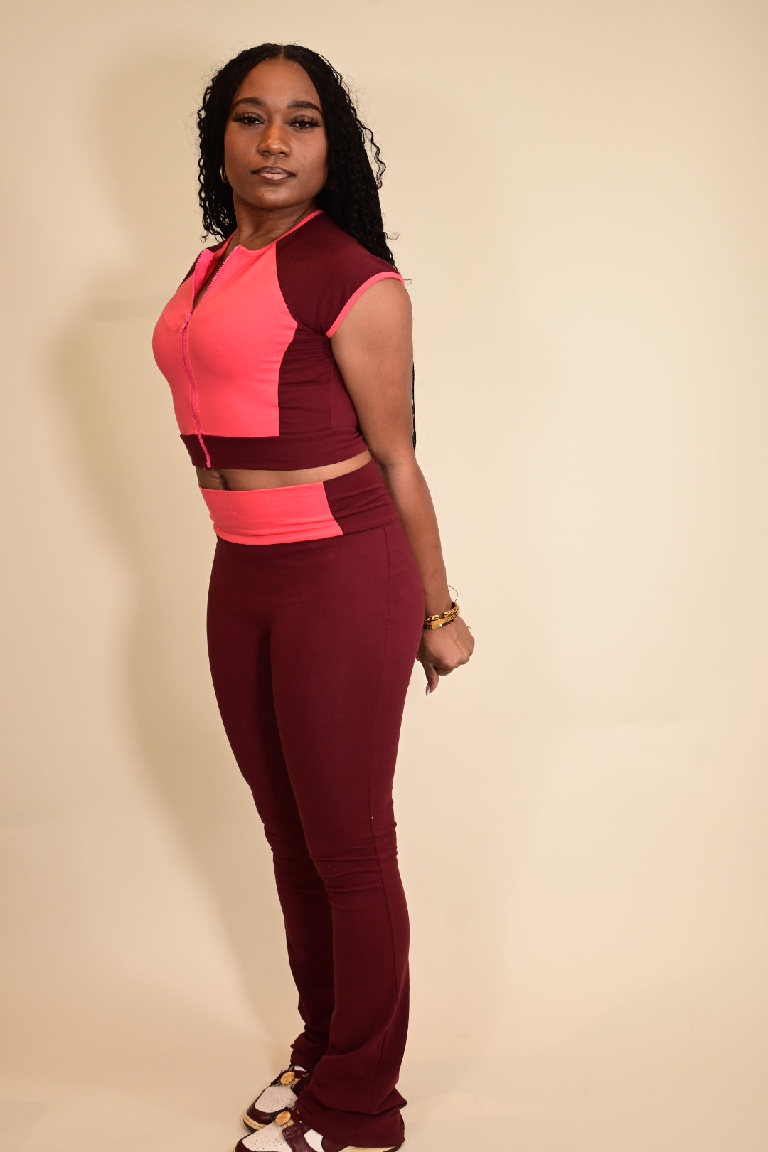 Color Blocking Two Piece Flare Leg Pants Set