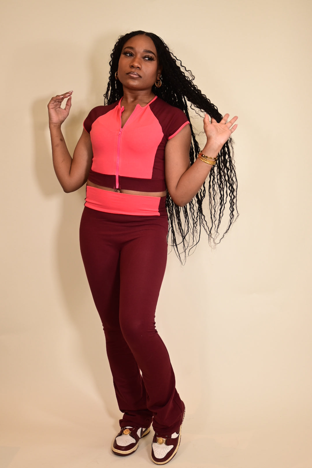 Color Blocking Two Piece Flare Leg Pants Set