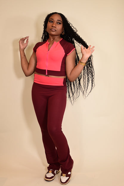 Color Blocking Two Piece Flare Leg Pants Set
