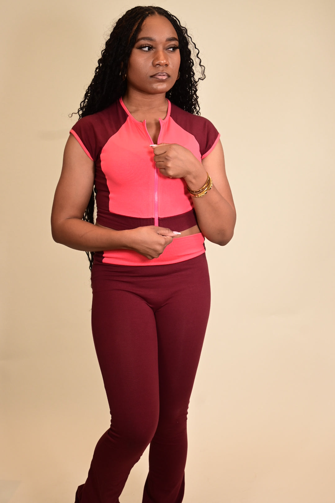 Color Blocking Two Piece Flare Leg Pants Set