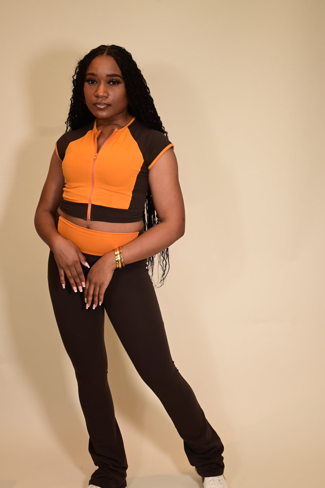 Color Blocking Two Piece Flare Leg Pants Set